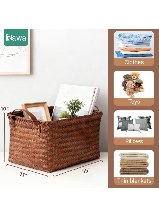 روعة سلة تخزين كبيرة جدًا من الخيزران، صندوق تخزين مكعب منسوج بمقابض، سلة تخزين مربعة، مناسبة لتخزين البطانيات والملابس والألعاب وجمع الغسيل وتنظيم خزانة الملابس (بني) - Image 3